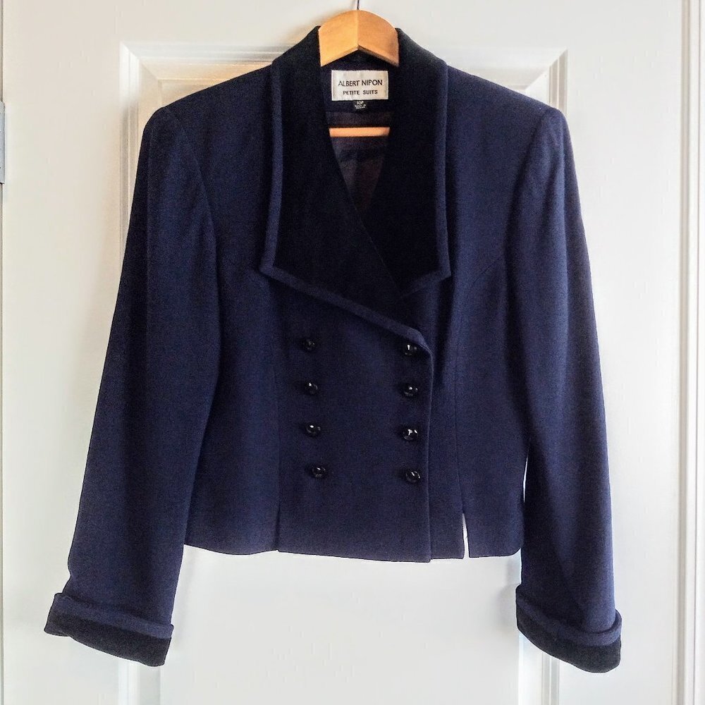 Albert Nipon Navy Blue Double Breasted Velvet Tri… - image 1